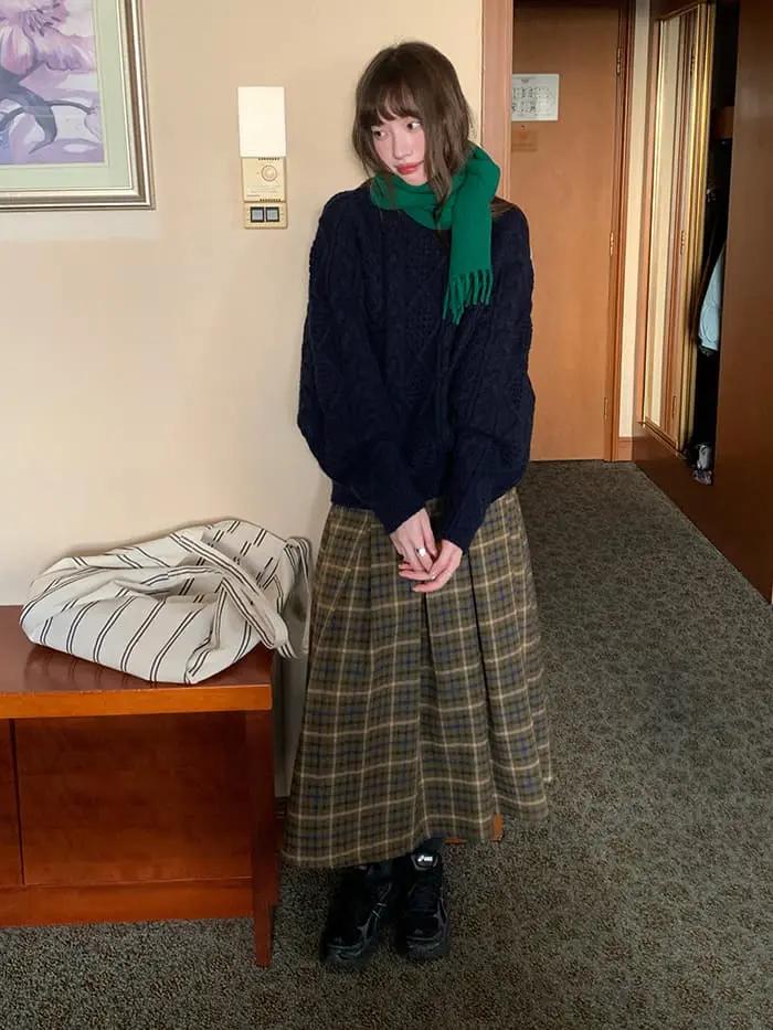 チェック柄 Aライン ミモレ丈 スカート LUMIYUMI