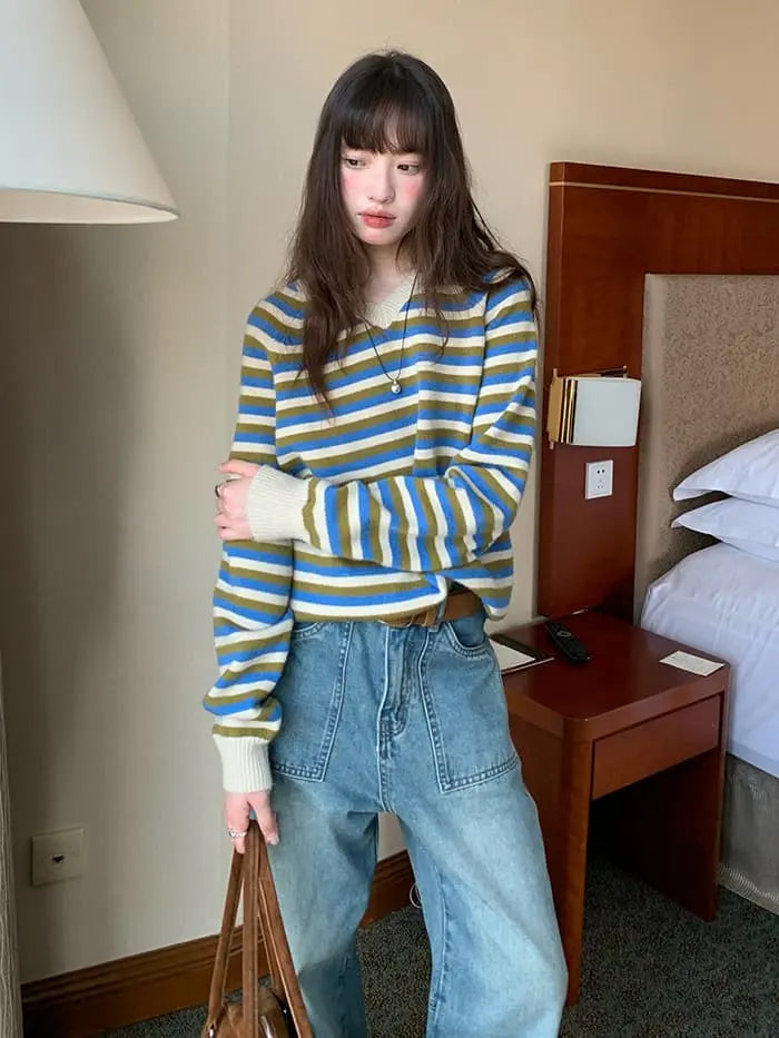 ボーダー配色 Vネック セーター LUMIYUMI