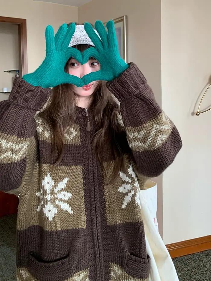 雪柄 ジャカード ZIP カーディガン LUMIYUMI