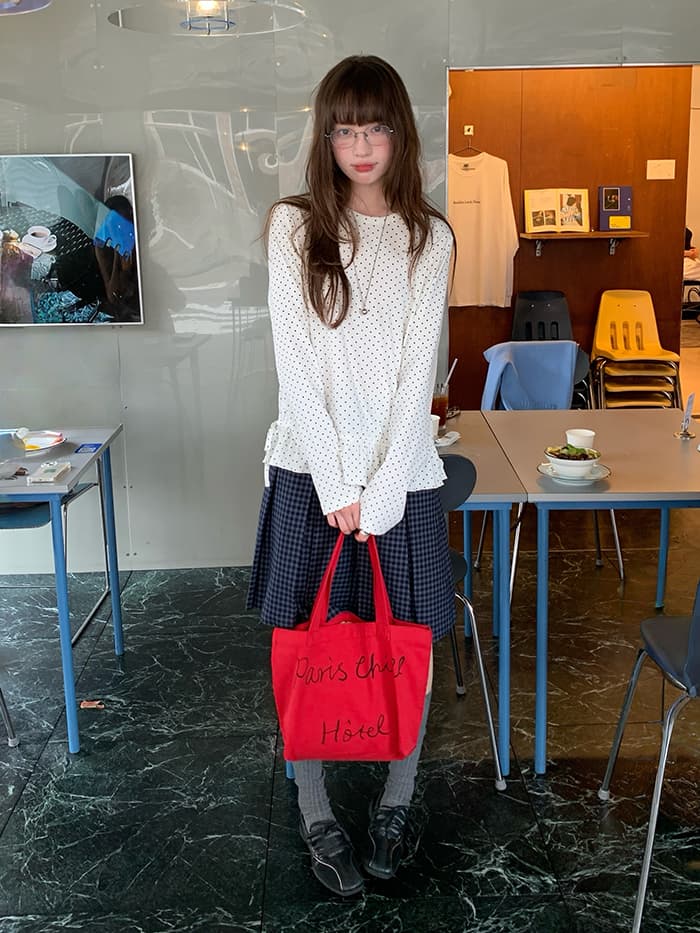 韓国風 ドット柄 フリル裾 Tシャツ LUMIYUMI