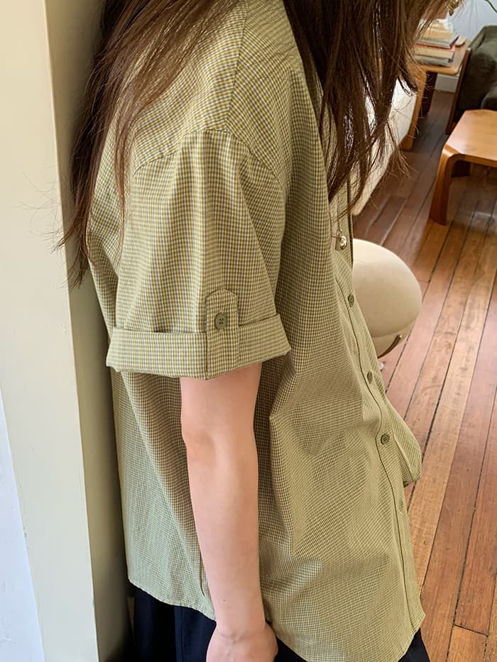 折り返し袖 チェック ゆったり 半袖シャツ LUMIYUMI