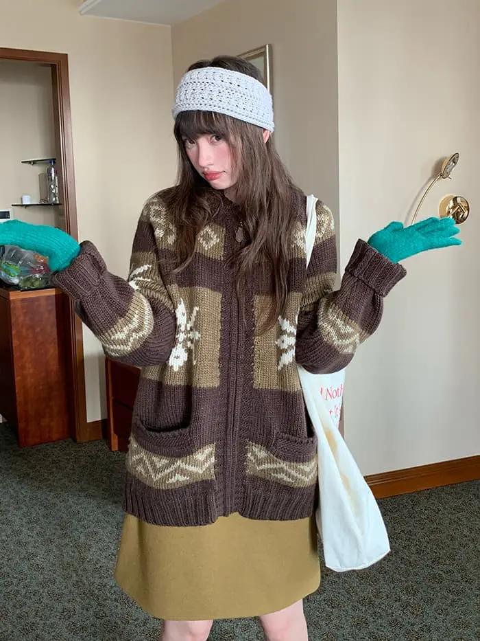 雪柄 ジャカード ZIP カーディガン LUMIYUMI