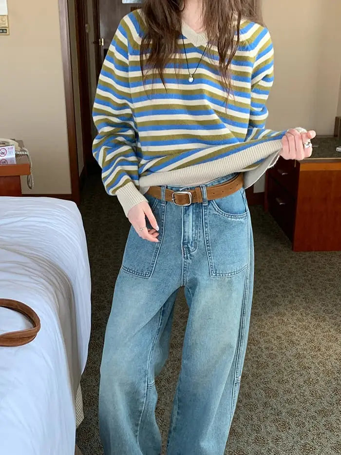 ボーダー配色 Vネック セーター LUMIYUMI