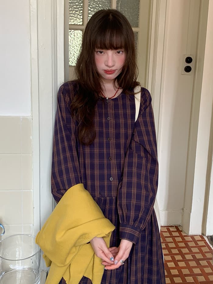 ゆったり Aライン 長袖 チェックワンピース LUMIYUMI