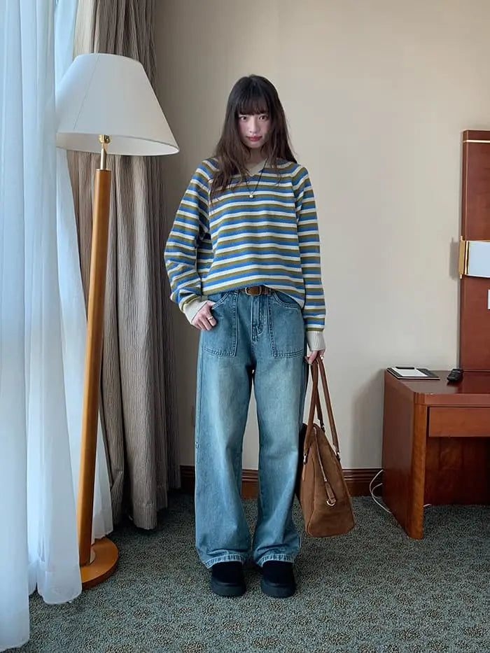 ボーダー配色 Vネック セーター LUMIYUMI