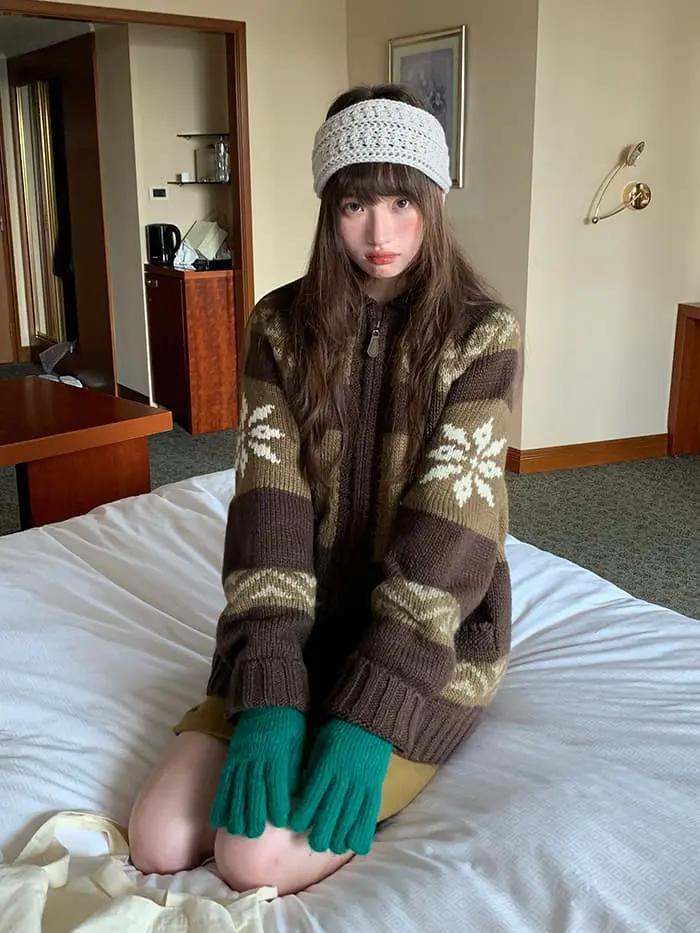 雪柄 ジャカード ZIP カーディガン LUMIYUMI