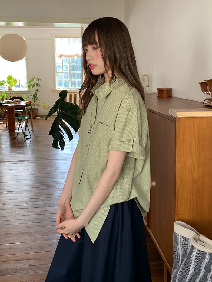 折り返し袖 チェック ゆったり 半袖シャツ LUMIYUMI