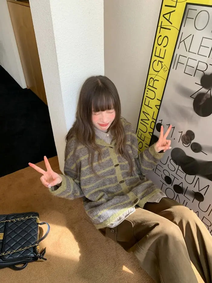 ゆったり フード付き ボーダー ニットカーディガン LUMIYUMI