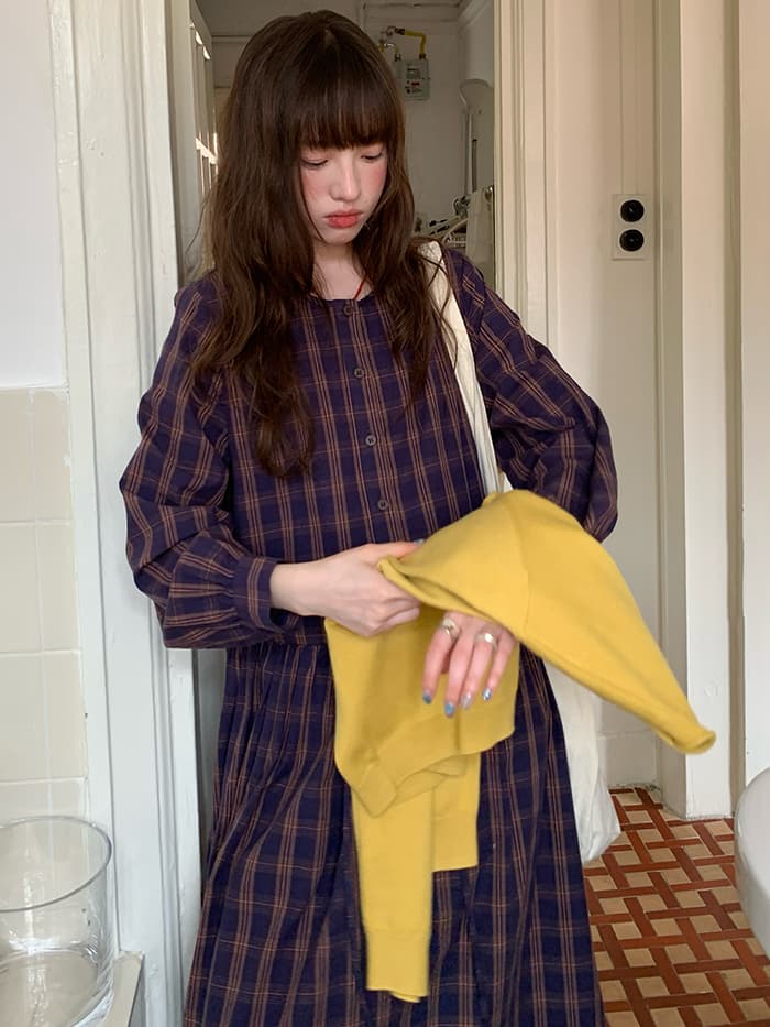 ゆったり Aライン 長袖 チェックワンピース LUMIYUMI