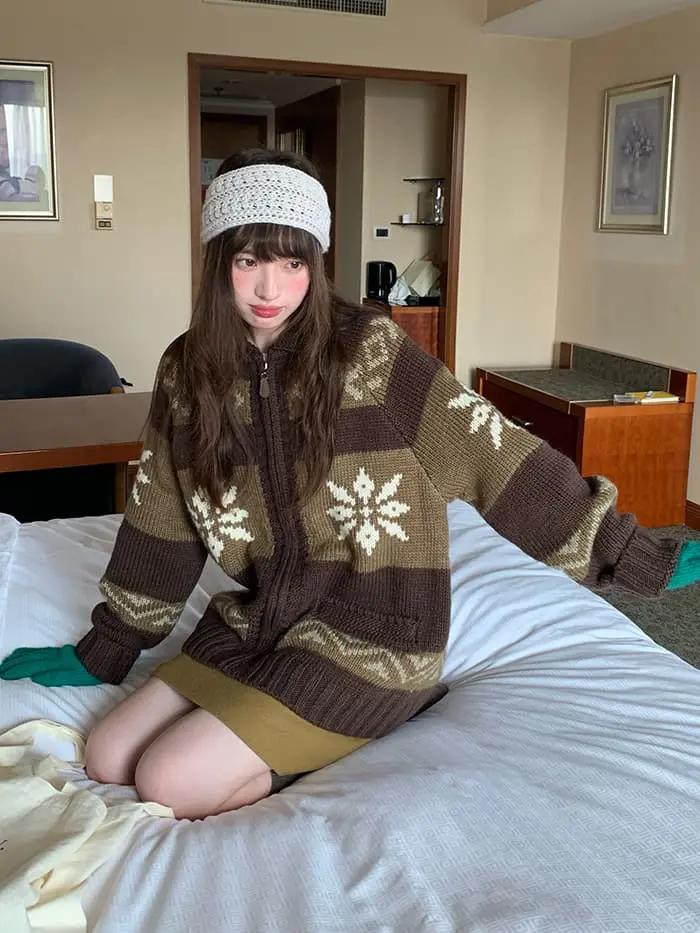 雪柄 ジャカード ZIP カーディガン LUMIYUMI