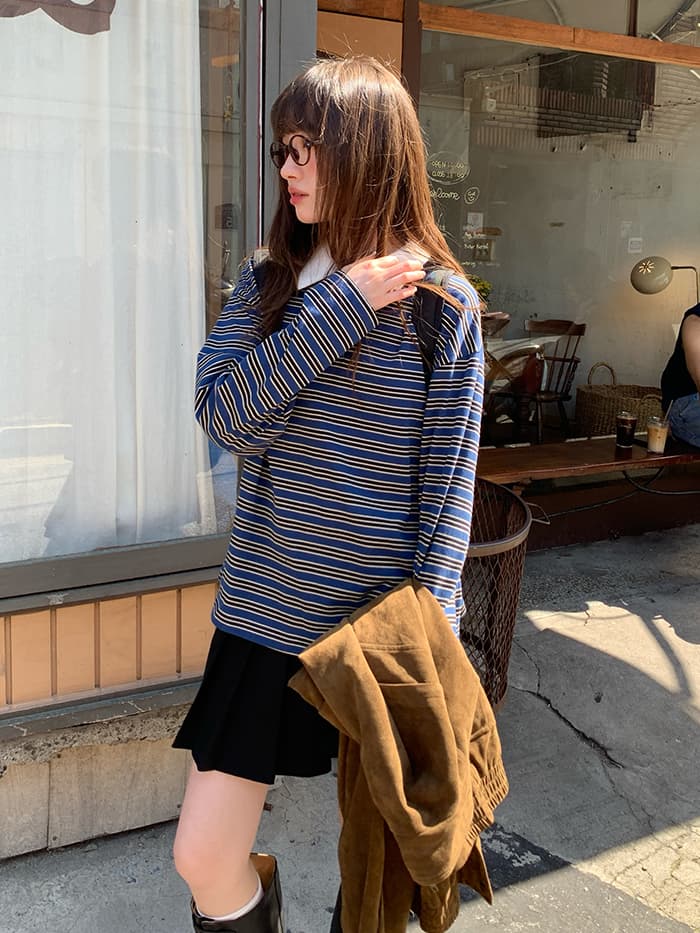 ボーダー柄 ポロ襟 長袖 Tシャツ LUMIYUMI
