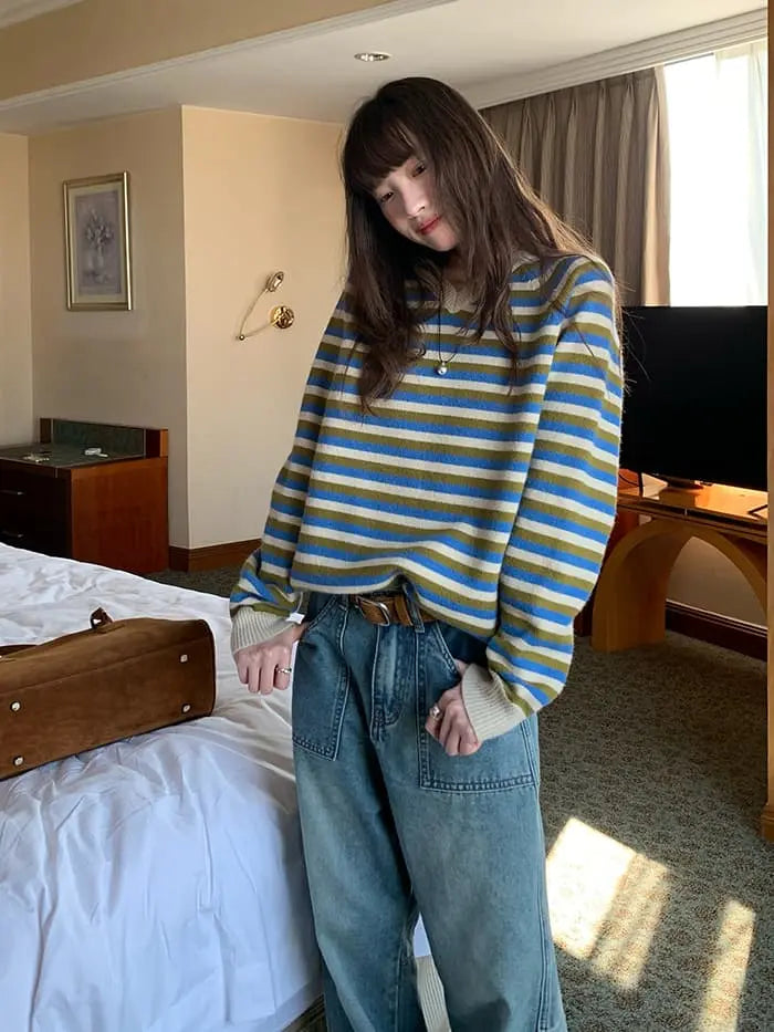 ボーダー配色 Vネック セーター LUMIYUMI