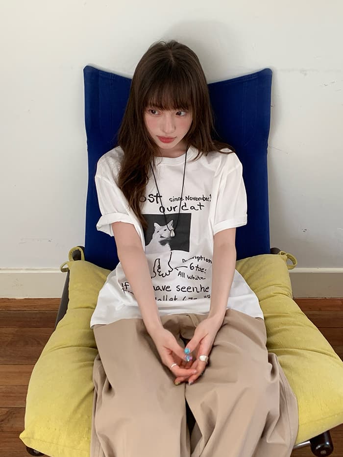ネコプリント ラウンドネック ゆったりTシャツ LUMIYUMI