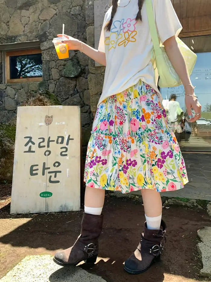 水彩風 花柄プリント フレアスカート LUMIYUMI