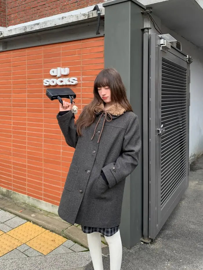 レトロ ガーリー ファー襟付き コート LUMIYUMI