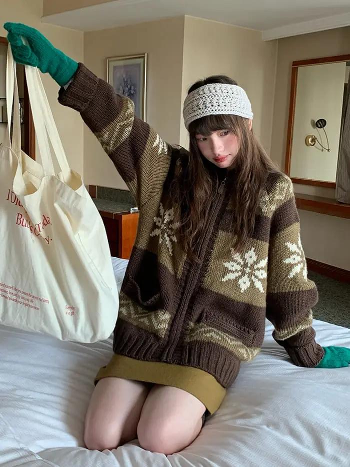 雪柄 ジャカード ZIP カーディガン LUMIYUMI