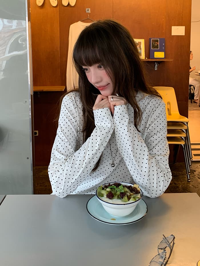 韓国風 ドット柄 フリル裾 Tシャツ LUMIYUMI