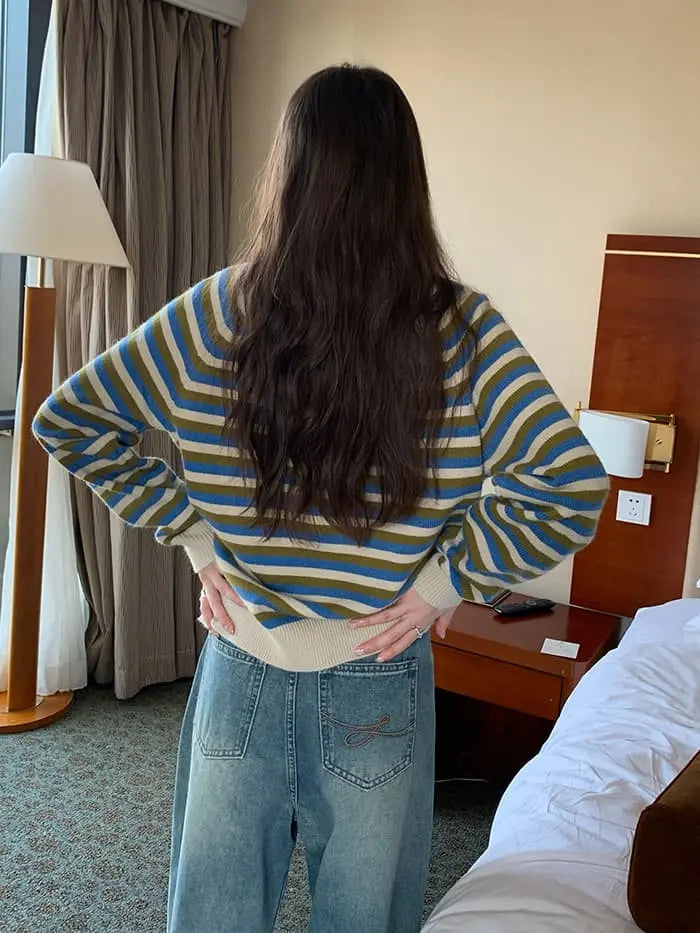 ボーダー配色 Vネック セーター LUMIYUMI