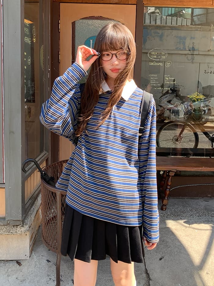 ボーダー柄 ポロ襟 長袖 Tシャツ LUMIYUMI
