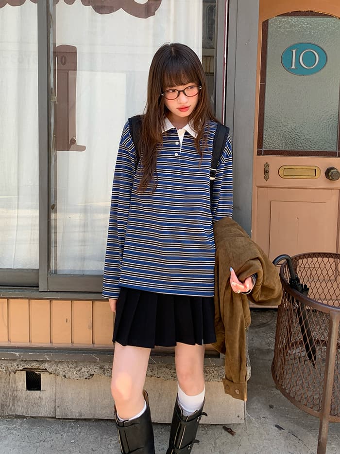 ボーダー柄 ポロ襟 長袖 Tシャツ LUMIYUMI