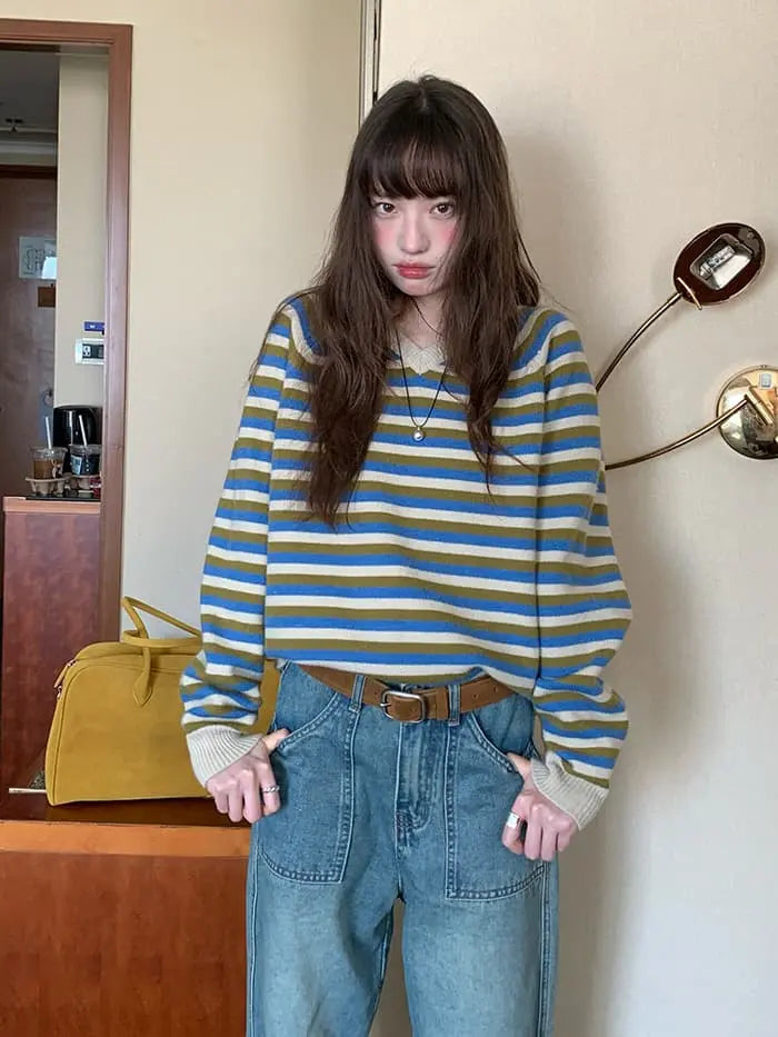 ボーダー配色 Vネック セーター LUMIYUMI