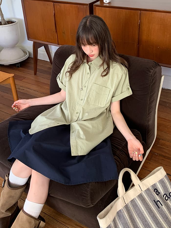折り返し袖 チェック ゆったり 半袖シャツ LUMIYUMI